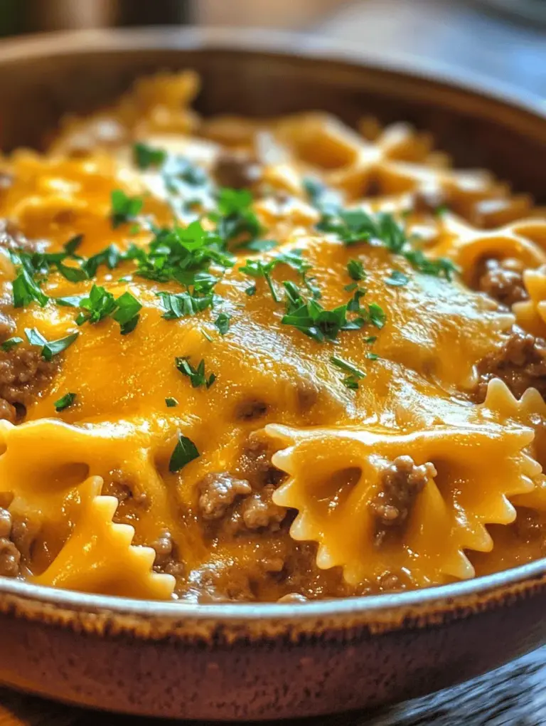 In the world of comfort food, few dishes can compete with the rich, creamy, and utterly satisfying flavors of Cheesy Beef and Bowtie Pasta. This dish is a delightful combination of tender bowtie pasta, savory ground beef, and a luscious garlic butter sauce, topped with a generous sprinkle of cheese. It perfectly balances flavors and textures, making it an ideal choice for a weeknight dinner or a cozy gathering among family and friends.