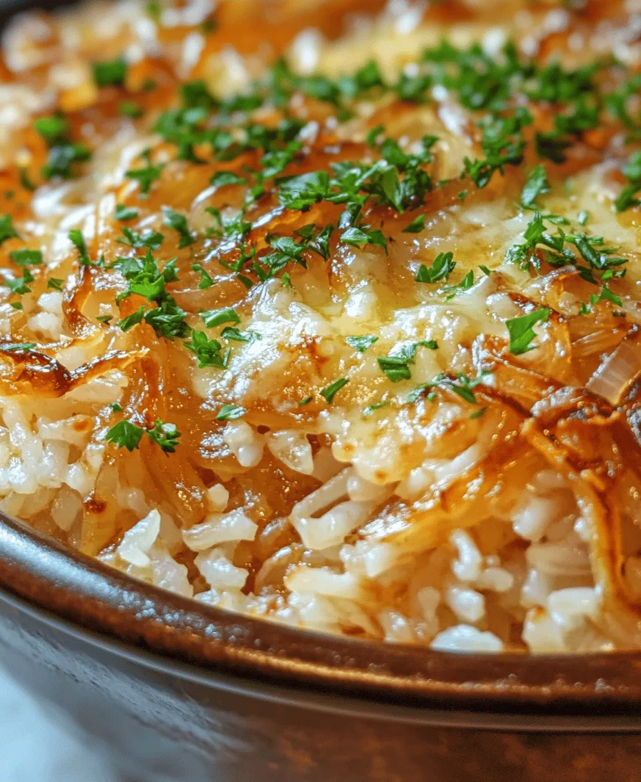 French Onion Butter Rice is a delightful twist on the beloved classic French onion soup, seamlessly blending comforting flavors into a versatile dish. This recipe harnesses the rich, savory profile of caramelized onions, savory broth, and the luxurious creaminess of butter, transforming them into a satisfying side dish or a standalone main course. With its simple yet profound flavors, French Onion Butter Rice is perfect for any occasion, whether it's a cozy family dinner or an elegant gathering with friends.