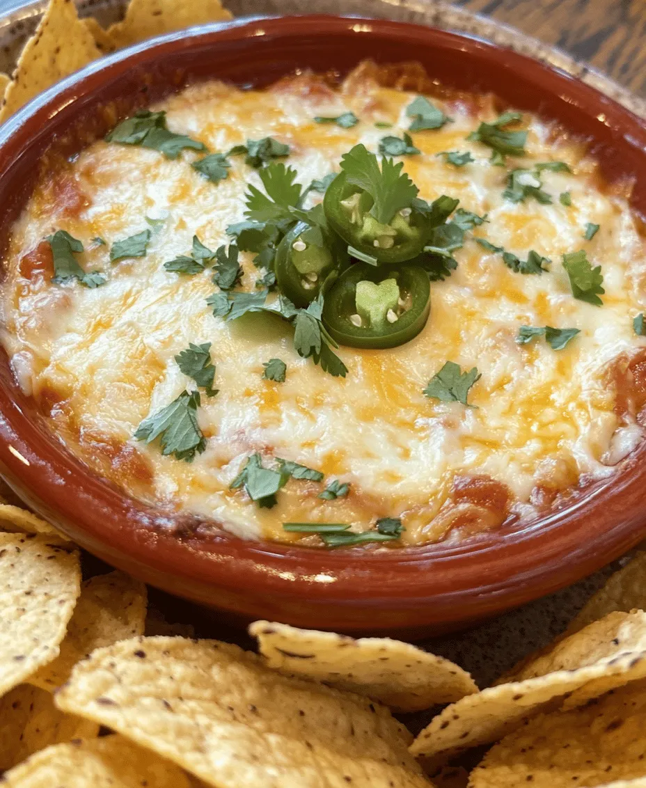 When it comes to entertaining, few dishes can rival the popularity of cheesy dips at gatherings. Whether it's a casual get-together, a festive party, or a game day celebration, cheesy dips are always a hit. They bring people together, inviting everyone to dive in and enjoy the flavors. Among the myriad of options available, <strong>Cheesy Fiesta Delight Dip</strong> stands out as a true crowd-pleaser. With its rich, creamy texture and vibrant flavors, this dip is sure to be the star of your next gathering.” /></p>
</p>
<h3>Tips for Preventing Lumps and Ensuring a Creamy Consistency</h3>
</p>
<p>Achieving that perfect creamy consistency in your Cheesy Fiesta Delight Dip is essential for an enjoyable eating experience. Here are some expert tips to prevent lumps and ensure a smooth texture:</p>
</p>
<p>1. <strong>Room Temperature Ingredients</strong>: Always use cream cheese and other dairy products at room temperature. This allows them to blend seamlessly and prevents lumps from forming.</p>
</p>
<p>2. <strong>Gradual Mixing</strong>: When you combine your ingredients, start by mixing the cream cheese and sour cream together first until completely smooth. Gradually add the shredded cheese and other ingredients, mixing well after each addition.</p>
</p>
<p>3. <strong>Use a Food Processor</strong>: For an ultra-smooth consistency, consider using a food processor. This tool will thoroughly blend all ingredients, ensuring a creamy dip without any lumps.</p>
</p>
<p>4. <strong>Avoid Overheating</strong>: While it may be tempting to microwave your dip to speed up the process, overheating can cause the cheese to become grainy. Instead, melt the cheese gently over low heat on the stove or in the microwave, stirring frequently.</p>
</p>
<p>5. <strong>Add Liquid Wisely</strong>: If your dip seems too thick, add a splash of milk or broth to loosen it up. Be careful not to add too much at once; a little goes a long way in achieving that desired creamy texture.</p>
</p>
<h3>Flavor Profile Exploration</h3>
</p>
<p>The Cheesy Fiesta Delight Dip offers a delightful medley of flavors that come together to create a truly enjoyable appetizer. Here’s a closer look at the flavor balance:</p>
</p>
<p>– <strong>Sweetness from Cream Cheese</strong>: The base of the dip is made creamy and slightly sweet by the addition of cream cheese. This sweetness provides a perfect contrast to the spicy elements, enhancing the overall flavor profile.</p>
</p>
<p>– <strong>Spiciness from Jalapeños and Optional Chili Powder</strong>: The heat from jalapeños adds an exciting kick. If you crave more heat, consider adding a dash of chili powder or cayenne pepper. Adjust these spices based on your tolerance for heat—start with a small amount and gradually increase to find your perfect balance.</p>
</p>
<p>– <strong>Freshness from Cilantro and Tomatoes</strong>: The addition of fresh cilantro introduces a bright, herbaceous note that lifts the dip. Diced tomatoes not only add color but also a juicy freshness that complements the creaminess of the cheese.</p>
</p>
<p>– <strong>Suggestions for Adjusting Spice Levels</strong>: If you’re serving a mixed crowd, consider preparing two versions of the dip—one with jalapeños for those who enjoy a spicy kick, and a milder version for those who prefer it less spicy. Alternatively, you can serve sliced jalapeños on the side, allowing guests to customize their experience.</p>
</p>
<h3>Serving Suggestions</h3>
</p>
<p>While tortilla chips are the classic pairing for Cheesy Fiesta Delight Dip, there are numerous creative serving options that can elevate your appetizer game:</p>
</p>
<p>1. <strong>Fresh Veggie Dippers</strong>: Slice up colorful vegetables like carrots, celery, and bell peppers. Not only do they provide a crunchy contrast to the creamy dip, but they also add nutritional value, making your appetizer spread more balanced.</p>
</p>
<p>2. <strong>Pairing with Warm Bread or Crackers</strong>: Serve the dip with warm, crusty bread or a variety of crackers. Breadsticks, pita chips, or even mini baguettes can make for a delightful alternative that soaks up the cheesy goodness.</p>
</p>
<p>3. <strong>Presentation Tips for Parties</strong>: Make your dip visually appealing by serving it in a colorful bowl and garnishing with additional chopped cilantro or diced tomatoes on top. Offer a variety of dippers in an organized platter around the dip for a beautiful display. You can even use a tiered serving stand to elevate your spread.</p>
</p>
<h3>Nutritional Information</h3>
</p>
<p>While the Cheesy Fiesta Delight Dip is undeniably indulgent, it’s also important to consider its nutritional aspects:</p>
</p>
<p>– <strong>Overview of Nutritional Aspects</strong>: Each serving of the dip is rich in flavor but can also be calorie-dense due to the cheese and cream. On average, a single serving (about 1/4 cup) may contain approximately 200-250 calories.</p>
</p>
<p>– <strong>Caloric Content and Serving Size Considerations</strong>: If you’re watching your calorie intake, keep an eye on portion sizes. Serving smaller amounts can allow guests to enjoy the dip without overindulging.</p>
</p>
<p>– <strong>Discussion of Dietary Modifications</strong>: For a lighter version, consider using low-fat cream cheese, low-fat sour cream, and reduced-fat cheese. These substitutes can significantly decrease the overall calorie content without sacrificing flavor.</p>
</p>
<p>– <strong>Balancing Indulgence with Healthier Choices</strong>: Encourage guests to pair the dip with healthier options like fresh vegetables or whole-grain crackers. This way, you can enjoy the delicious dip while incorporating more nutrients into your snack.</p>
</p>
<h3>Storing and Reheating the Dip</h3>
</p>
<p>If you happen to have leftovers (which is rare with this crowd-pleaser), here’s how to store and reheat your dip properly:</p>
</p>
<p>1. <strong>Guidelines for Storing Leftover Dip</strong>: Allow the dip to cool completely before transferring it to an airtight container. Properly stored, the dip can last in the refrigerator for up to three days.</p>
</p>
<p>2. <strong>Best Practices for Refrigeration and Shelf Life</strong>: For optimal freshness, consume your dip within 48 hours. When storing, ensure the container is tightly sealed to prevent any absorption of flavors from other foods in the fridge.</p>
</p>
<p>3. <strong>Tips for Reheating to Maintain Texture and Flavor</strong>: When you’re ready to enjoy your leftovers, reheat the dip gently. Use the microwave in short intervals, stirring frequently, or warm it up on the stovetop over low heat. Adding a splash of milk or broth can help restore the creamy texture.</p>
</p>
<h3>Conclusion</h3>
</p>
<p>The Cheesy Fiesta Delight Dip is not just an appetizer; it’s a flavorful experience that brings people together. With its perfect balance of creamy, spicy, and fresh flavors, this dip is sure to be a hit at any gathering. Whether you choose to stick with traditional tortilla chips or explore creative serving options, your guests will appreciate the effort you put into this delicious dish.</p>
</p>
<p>We invite you to explore this recipe and share it with friends and family at your next event. The joy of sharing good food is immeasurable, and this dip is a fantastic way to create lasting memories. So gather your ingredients, get cooking, and enjoy the delightful taste of Cheesy Fiesta Delight Dip!</p>
</div>