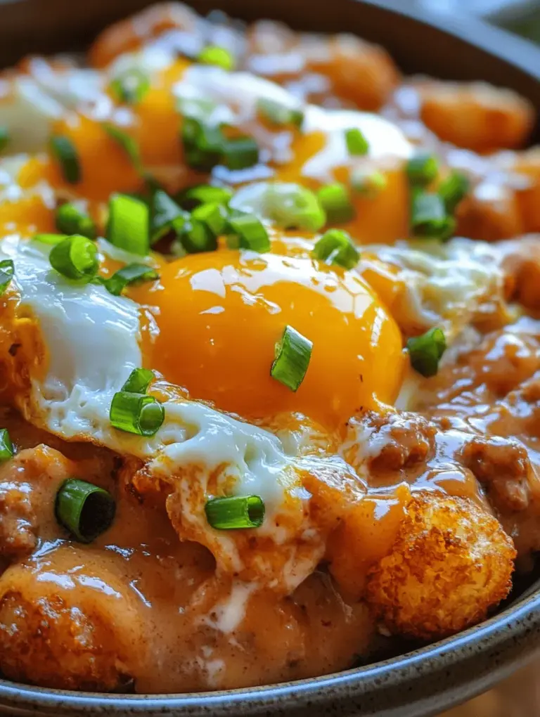 Delve into the delightful world of breakfast with our Tater Tot Breakfast Bowl featuring savory sausage gravy. This hearty dish combines crispy tater tots, rich sausage gravy, fluffy eggs, and melted cheddar cheese for a morning meal that's as satisfying as it is delicious. Picture a warm bowl filled with golden-brown tater tots, a generous drizzle of creamy gravy, perfectly cooked eggs, and a sprinkle of cheese melting into the mix. Whether you're looking for a weekend brunch idea or a comforting breakfast option for busy weekdays, this recipe is sure to please.