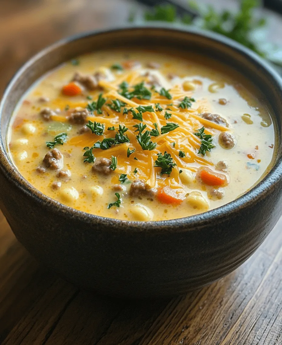 In the world of comfort food, few dishes can rival the heartwarming embrace of a cheesy bowl of soup. This One-Pot Macaroni Cheeseburger Soup blends the nostalgic flavors of classic macaroni and cheese with the hearty satisfaction of a cheeseburger, making it a perfect meal for any occasion. Whether you're looking for a quick weeknight dinner or a cozy dish to share with family and friends, this recipe is sure to please. With its simple preparation and robust flavor profile, this soup not only satisfies hunger but also warms the soul.