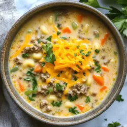 In the world of comfort food, few dishes can rival the heartwarming embrace of a cheesy bowl of soup. This One-Pot Macaroni Cheeseburger Soup blends the nostalgic flavors of classic macaroni and cheese with the hearty satisfaction of a cheeseburger, making it a perfect meal for any occasion. Whether you're looking for a quick weeknight dinner or a cozy dish to share with family and friends, this recipe is sure to please. With its simple preparation and robust flavor profile, this soup not only satisfies hunger but also warms the soul.