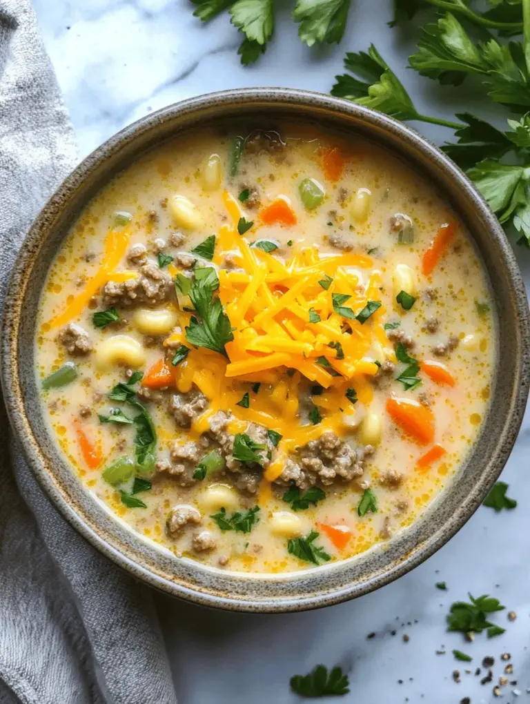 In the world of comfort food, few dishes can rival the heartwarming embrace of a cheesy bowl of soup. This One-Pot Macaroni Cheeseburger Soup blends the nostalgic flavors of classic macaroni and cheese with the hearty satisfaction of a cheeseburger, making it a perfect meal for any occasion. Whether you're looking for a quick weeknight dinner or a cozy dish to share with family and friends, this recipe is sure to please. With its simple preparation and robust flavor profile, this soup not only satisfies hunger but also warms the soul.