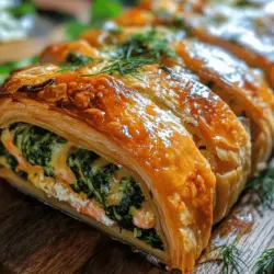 If you're looking to impress your guests or simply elevate your weeknight dinner, the Spinach and Cheese Stuffed Salmon Wellington is a dish that beautifully marries elegance with flavor. This culinary masterpiece features a succulent salmon fillet enveloped in flaky puff pastry, stuffed with a creamy, cheesy spinach filling that bursts with flavor in every bite. Not only does it satisfy the palate, but it also showcases a range of nutritious ingredients, making it a health-conscious choice for those who care about what they eat. The combination of rich salmon and vibrant spinach makes it perfect for special occasions, family gatherings, or even an indulgent dinner at home.