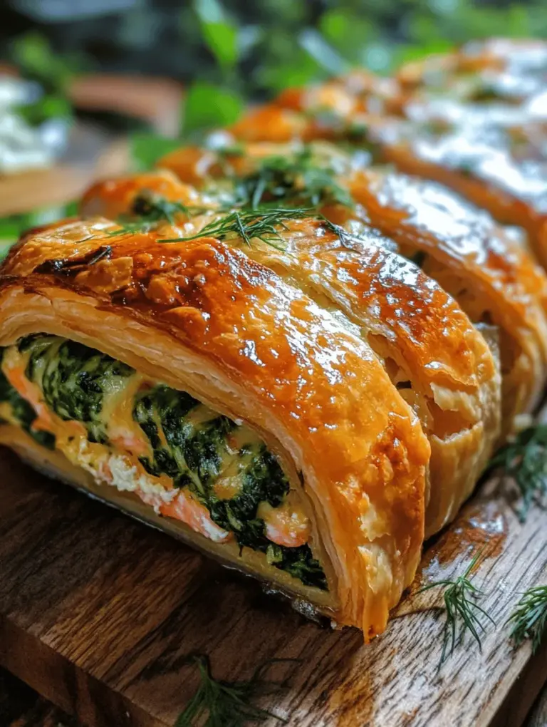 If you're looking to impress your guests or simply elevate your weeknight dinner, the Spinach and Cheese Stuffed Salmon Wellington is a dish that beautifully marries elegance with flavor. This culinary masterpiece features a succulent salmon fillet enveloped in flaky puff pastry, stuffed with a creamy, cheesy spinach filling that bursts with flavor in every bite. Not only does it satisfy the palate, but it also showcases a range of nutritious ingredients, making it a health-conscious choice for those who care about what they eat. The combination of rich salmon and vibrant spinach makes it perfect for special occasions, family gatherings, or even an indulgent dinner at home.