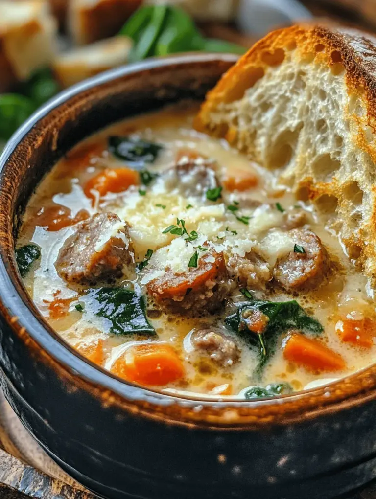 At the heart of the Creamy Parmesan Italian Sausage Soup is the Italian sausage, which adds a rich, savory depth to the dish. This type of sausage is typically made from ground pork, seasoned with a blend of spices that may include fennel, garlic, and red pepper flakes. The choice between mild or spicy sausage allows you to customize the heat level of your soup, making it suitable for all palates. The sausage not only provides flavor but also a hearty protein source that transforms the soup into a satisfying meal.