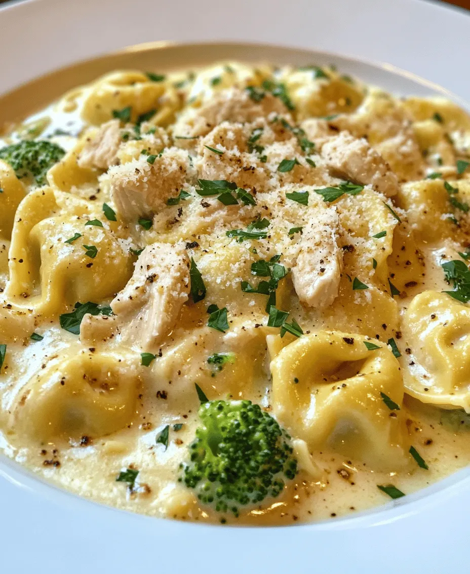 If you’re searching for a comforting and delicious meal that’s perfect for a weeknight dinner, look no further than <strong>Creamy Garlic Parmesan Tortellini with Chicken & Broccoli</strong>. This dish beautifully combines the rich, savory flavors of garlic and Parmesan cheese with the tender, delightful texture of tortellini, creating a truly indulgent experience. The creamy sauce envelops each bite, making it a favorite among both kids and adults.” /></p>
</p>
<h3>Combining Ingredients</h3>
</p>
<p>To create the perfect Creamy Garlic Parmesan Tortellini with Chicken & Broccoli, it’s essential to ensure that every ingredient is evenly coated in the rich, creamy sauce. Start by adding the cooked tortellini into the skillet with the chicken and broccoli. Gently toss everything together using a spatula or large spoon, ensuring that the tortellini is fully incorporated with the chicken and broccoli.</p>
</p>
<p>Next, pour the creamy garlic sauce over the tortellini mixture. Use your spatula to stir everything together, making sure the sauce clings to each piece of tortellini. The key here is to be gentle; you want to avoid breaking the delicate tortellini while still ensuring that every bite is flavorful. For an extra creamy texture, let the dish simmer on low heat for an additional 2-3 minutes, allowing the flavors to meld beautifully.</p>
</p>
<h3>Health Benefits of the Dish</h3>
</p>
<p>This Creamy Garlic Parmesan Tortellini with Chicken & Broccoli is not only delicious but also packed with nutritional benefits. Let’s take a closer look at the health aspects of the main ingredients in this dish.</p>
</p>
<p><strong>Chicken</strong>: A primary source of protein, chicken is essential for muscle growth and repair. It provides the body with amino acids that are vital for various bodily functions. Using lean cuts of chicken, such as chicken breast, ensures that you’re consuming a dish that’s low in fat but high in protein.</p>
</p>
<p><strong>Broccoli</strong>: This green vegetable is a powerhouse of vitamins and minerals. Broccoli is rich in Vitamin C, which supports the immune system, and Vitamin K, which is important for bone health. Additionally, it contains fiber, which aids in digestion. The antioxidants in broccoli help reduce inflammation and protect against chronic diseases.</p>
</p>
<p><strong>Tortellini</strong>: While tortellini is a carbohydrate source, it can be part of a balanced meal when paired with protein and vegetables. Opting for whole wheat tortellini can add additional fiber to your dish, enhancing its health benefits.</p>
</p>
<p>With the combination of protein from the chicken and dairy, along with the vitamins and minerals from broccoli, this dish strikes a balance between indulgence and nutrition. It’s an excellent choice for a family meal that satisfies cravings while providing essential nutrients.</p>
</p>
<h3>Serving Suggestions</h3>
</p>
<p>Presentation is key when it comes to serving your Creamy Garlic Parmesan Tortellini with Chicken & Broccoli. Here are some ideas to elevate your dish:</p>
</p>
<p><strong>Garnishing</strong>: A sprinkle of freshly chopped parsley adds a burst of color and freshness to your dish. Not only does it enhance the visual appeal, but it also offers an additional layer of flavor. For an extra touch, consider grating some additional Parmesan cheese over the top before serving.</p>
</p>
<p><strong>Pairing Suggestions</strong>: To complement the creamy tortellini, consider serving a light salad on the side. A simple arugula salad with a lemon vinaigrette can provide a refreshing contrast to the richness of the main dish. Additionally, serve some crusty bread or garlic bread to soak up any leftover sauce, making for an even more satisfying meal.</p>
</p>
<p><strong>Serving Portions</strong>: This dish can be served family-style, allowing everyone to help themselves. If you’re hosting a dinner, consider using a large serving bowl for the tortellini and placing it at the center of the table. This creates a warm, inviting atmosphere and encourages sharing. Alternatively, for individual portions, use wide pasta bowls to showcase the dish’s creamy sauce.</p>
</p>
<h3>Variations and Adaptations</h3>
</p>
<p>One of the great aspects of this recipe is its versatility. Here are some suggestions for variations and adaptations to cater to different dietary needs:</p>
</p>
<p><strong>Vegetarian Option</strong>: For those who prefer a meatless dish, consider using mushroom or spinach tortellini. These options add depth of flavor and can be paired with sautéed mushrooms and additional vegetables like bell peppers or zucchini to create a satisfying meal.</p>
</p>
<p><strong>Gluten-Free Option</strong>: If you’re avoiding gluten, there are numerous gluten-free pasta alternatives available. Look for gluten-free tortellini made from rice, quinoa, or lentils. These options can provide a similar texture without compromising on taste.</p>
</p>
<p><strong>Adding Other Vegetables</strong>: To enhance the nutritional profile of your dish, feel free to incorporate additional vegetables. Sautéed bell peppers, peas, or even asparagus can add color, flavor, and extra vitamins. Just be sure to adjust cooking times accordingly so that all vegetables are cooked to perfection.</p>
</p>
<h3>Conclusion</h3>
</p>
<p>In summary, the Creamy Garlic Parmesan Tortellini with Chicken & Broccoli is an enticing dish that strikes a perfect balance between comfort and nutrition. Its creamy sauce envelops tender tortellini, chicken, and vibrant broccoli, creating a delightful dining experience that the whole family will love.</p>
</p>
<p>This recipe is not only simple to prepare but also allows for various adaptations, making it suitable for a range of dietary preferences. Whether you’re hosting a family gathering or enjoying a cozy dinner at home, this dish is sure to impress.</p>
</p>
<p>So why not give this recipe a try? With its delicious flavors and easy preparation, it promises to become a staple in your meal rotation. Enjoy the process of cooking and savor the delightful results with your loved ones.</p>
</div>