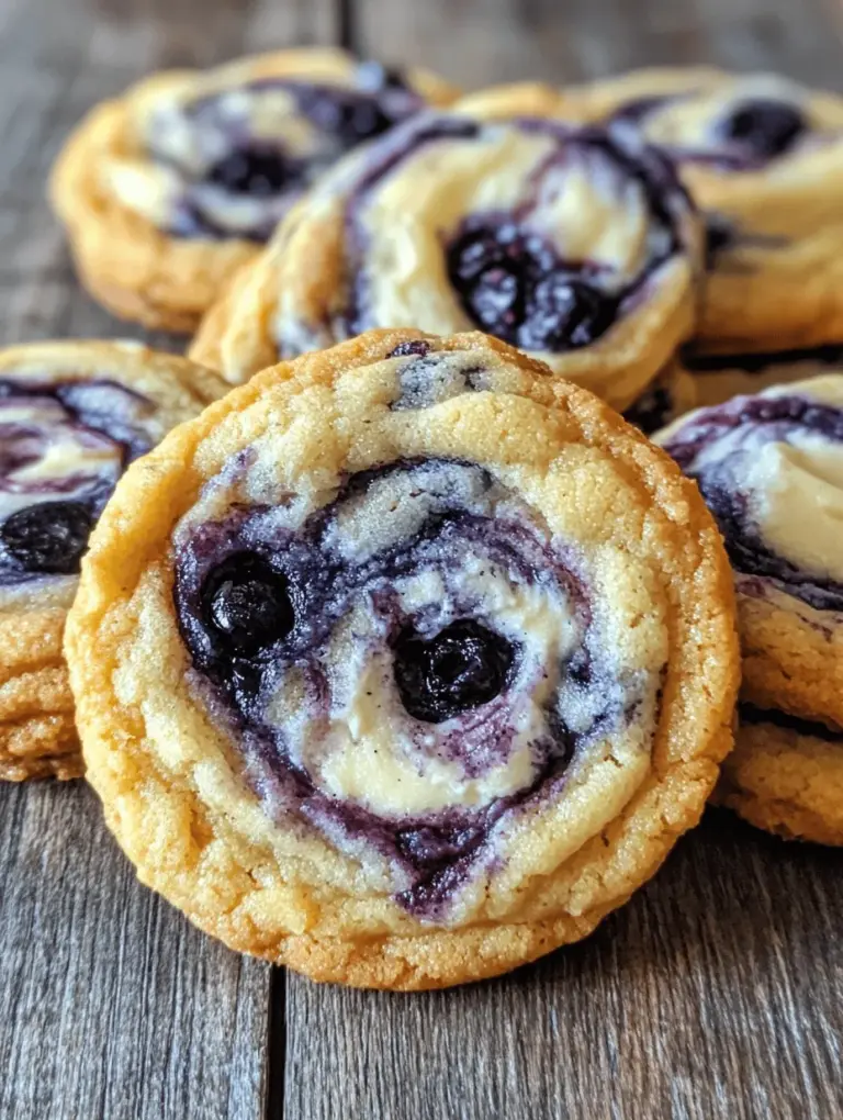 Cookies are a beloved treat that can bring joy to any gathering or moment of indulgence. Among the myriad of cookie recipes, the Blueberry Cheesecake Swirl Cookies stand out as a delightful fusion of flavors and textures. This recipe artfully combines the classic sweetness of cookies with the creamy, tangy notes of cheesecake and the burst of fresh blueberries, creating an irresistible dessert that pleases both the eyes and the palate. The moment you take a bite, you’ll be greeted with a soft, chewy cookie that envelops a rich and velvety cheesecake swirl, punctuated by the juicy sweetness of blueberries.