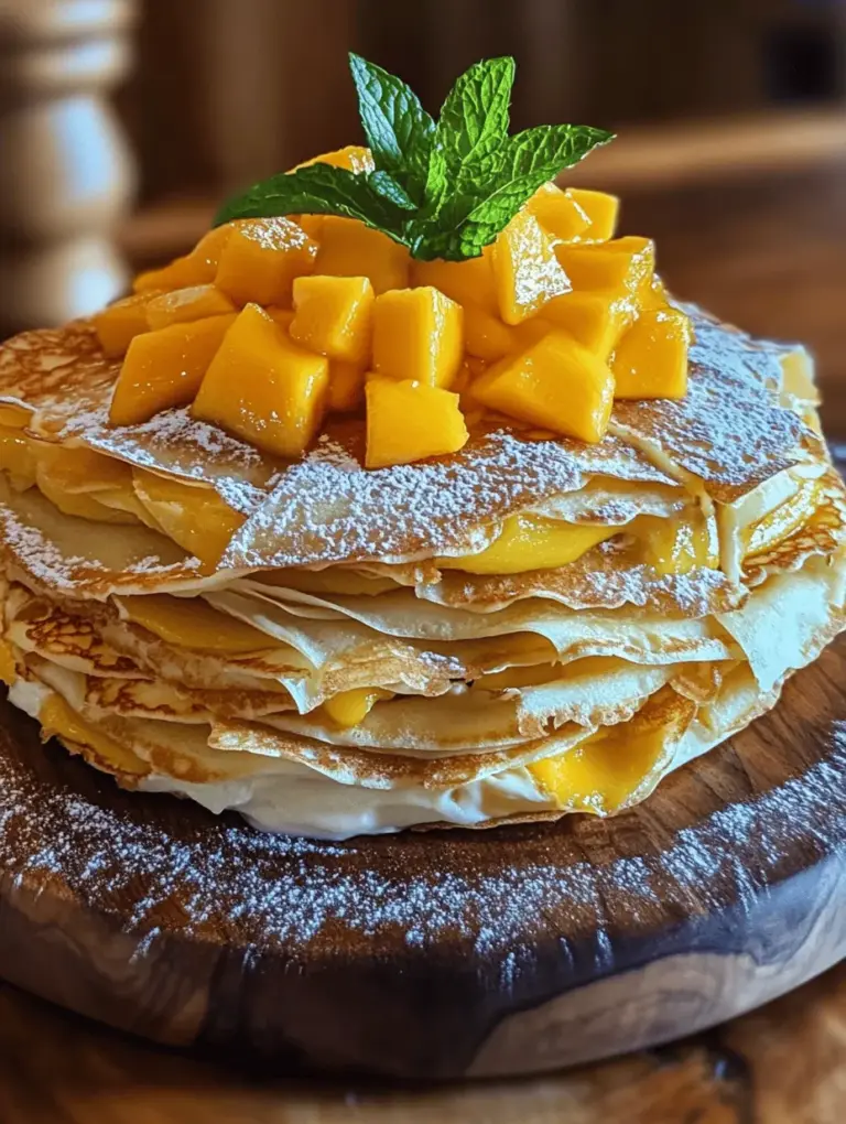 Welcome to the world of tropical indulgence with our delightful Mango Crepe Cake! This visually stunning dessert, with its delicate layers of thin crepes and luscious mango filling, is sure to impress both your taste buds and your guests. The Mango Crepe Cake combines the elegance of French patisserie with the vibrant, sweet flavors of tropical mangoes, making it a perfect centerpiece for any celebration or a simple treat for yourself.