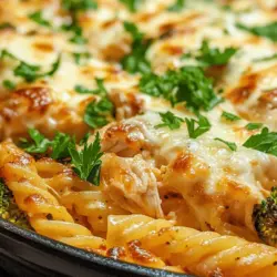 The Garlic Parmesan Chicken Pasta Bake is an irresistible dish that has garnered a place in the hearts (and stomachs) of many home cooks. This comforting bake combines tender chicken, perfectly cooked rotini pasta, and nutrient-rich broccoli, all enveloped in a luscious creamy garlic sauce. Not only does this dish offer a delightful symphony of flavors, but it also serves as a practical weeknight dinner option, effortlessly feeding the family in under an hour.