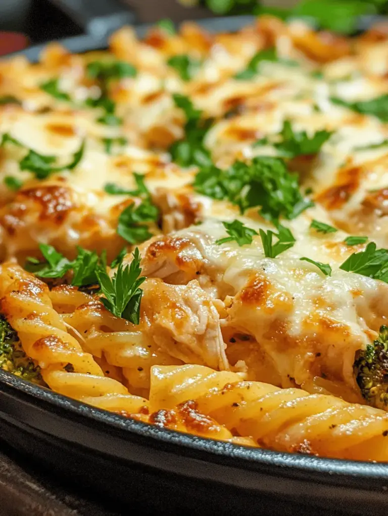 The Garlic Parmesan Chicken Pasta Bake is an irresistible dish that has garnered a place in the hearts (and stomachs) of many home cooks. This comforting bake combines tender chicken, perfectly cooked rotini pasta, and nutrient-rich broccoli, all enveloped in a luscious creamy garlic sauce. Not only does this dish offer a delightful symphony of flavors, but it also serves as a practical weeknight dinner option, effortlessly feeding the family in under an hour.