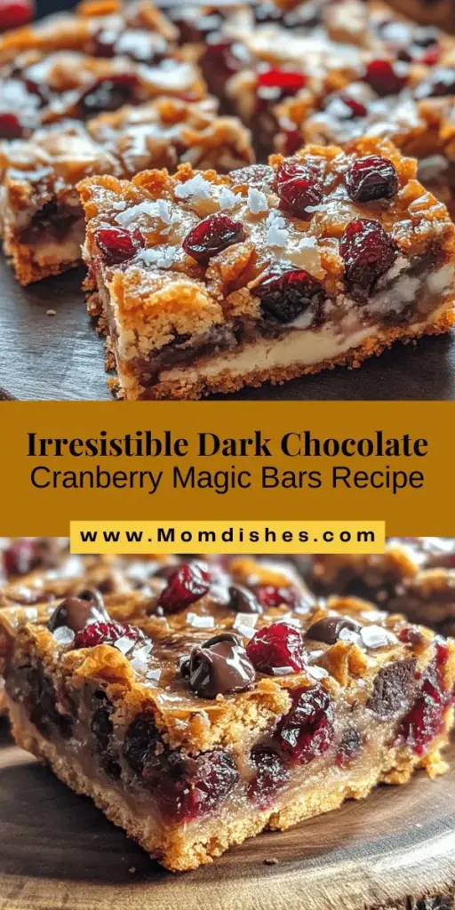 Indulge in the deliciousness of Dark Chocolate Cranberry Magic Bars! These layered treats combine a chewy graham cracker crust with rich dark chocolate, sweet coconut, and tart cranberries, creating a stunning dessert that's perfect for any occasion. Easy to make and versatile, they’re sure to impress your guests or satisfy your sweet cravings. Bake a batch today and experience the magic! #MagicBars #Dessert #DarkChocolate #Cranberry #Baking #SweetTreats #RecipeIdeas