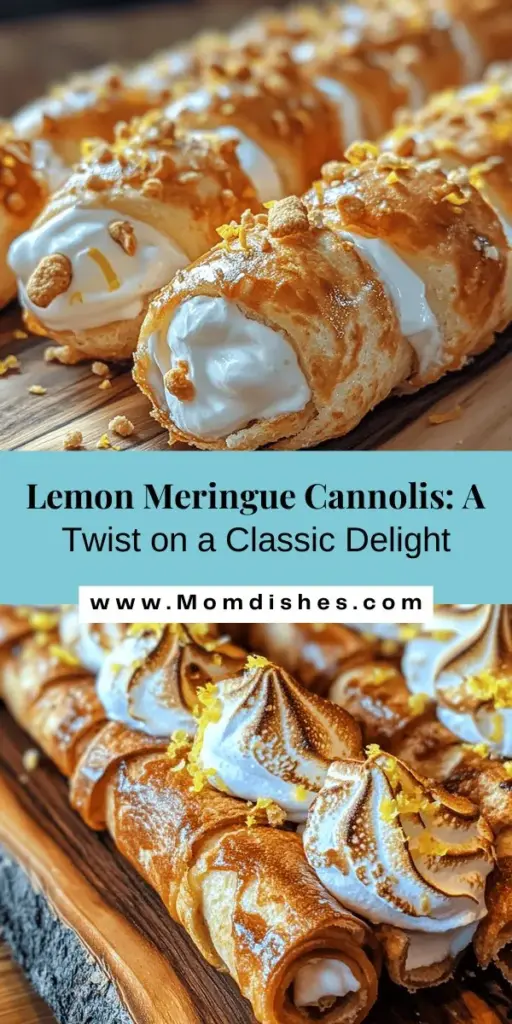 Discover a refreshing twist on the classic cannoli with these delicious Lemon Meringue Cannolis! This delightful dessert combines crispy pastry shells filled with a creamy lemon-infused ricotta and mascarpone filling, topped with light, fluffy meringue. Perfect for impressing guests at any gathering, these treats bring both nostalgia and modern flair to your table. Try this innovative recipe and enjoy the perfect balance of flavors. #Dessert #Cannoli #LemonMeringue #Baking #ItalianDesserts #DessertLovers