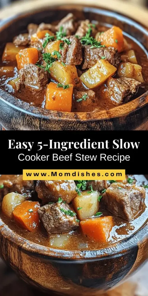 Discover the heartwarming goodness of Hearty 5-Ingredient Slow Cooker Beef Stew, the perfect meal for busy days or cozy nights. This simple recipe emphasizes rich flavors and tender meat, featuring beef chuck roast, carrots, potatoes, onions, and beef broth. Learn how to prepare this comforting dish with minimal effort, customize it to your taste, and enjoy nourishing nutrition. Serve it with crusty bread or a fresh salad for a delightful dining experience.