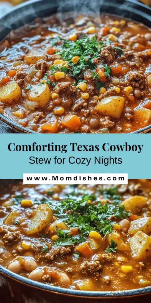 Warm up your evenings with Easy Texas Cowboy Stew, a hearty dish that brings comfort and Texan tradition to your table. Made with ground beef or turkey, potatoes, carrots, beans, and spices, this versatile stew is perfect for family gatherings or cozy nights in. Customize it with your favorite ingredients, and enjoy a flavorful, nourishing meal that captures the spirit of Texas cooking. Perfect for any occasion! #TexasCowboyStew #ComfortFood #EasyRecipes #HeartyMeals #TexanCuisine