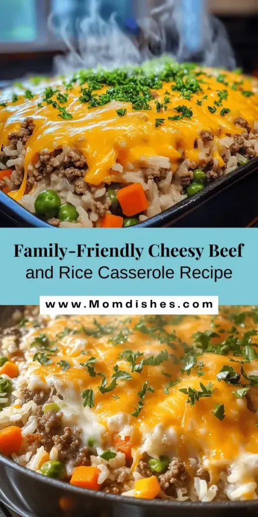 Looking for the perfect family meal? Try this Cheesy Ground Beef and Rice Casserole! Combining ground beef, rice, and gooey cheese, this hearty dish is simple to make and packed with flavor. The casserole is versatile, allowing you to customize it with your favorite veggies or proteins, making it ideal for busy weeknights. Warm and delicious, it's a comforting dish that brings everyone together. #Casserole #ComfortFood #FamilyDinner #EasyRecipes #CheesyGoodness