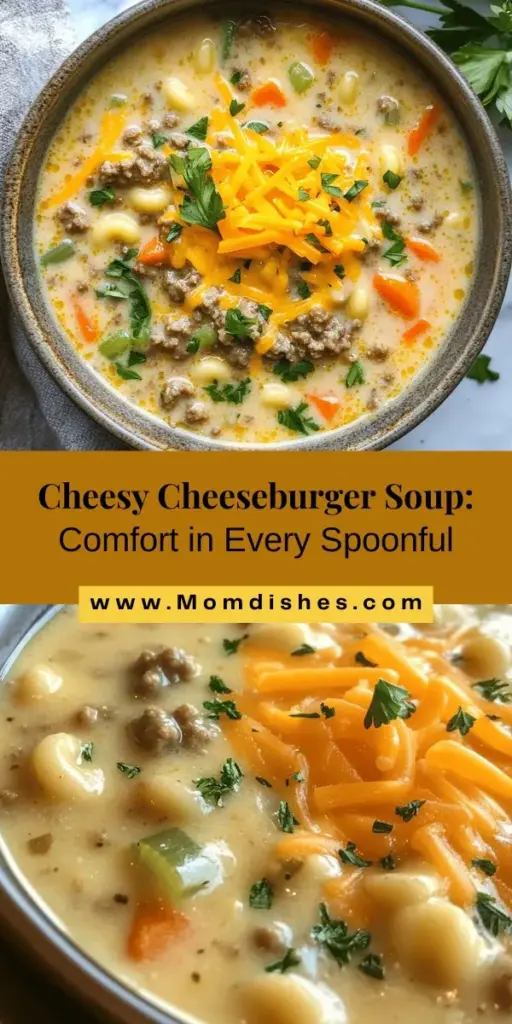 Warm up with a comforting bowl of One-Pot Macaroni Cheeseburger Soup, where classic macaroni and cheese meets the savory goodness of a cheeseburger. This easy-to-make dish is perfect for quick weeknight dinners or cozy family gatherings. Packed with ground beef, macaroni, and a creamy cheese blend, it's sure to be a hit! Discover how each ingredient creates a hearty flavor and enjoy a delightful cooking experience. #MacaroniSoup #ComfortFood #OnePotMeal #CheeseburgerSoup #HomeCooking #FamilyRecipes