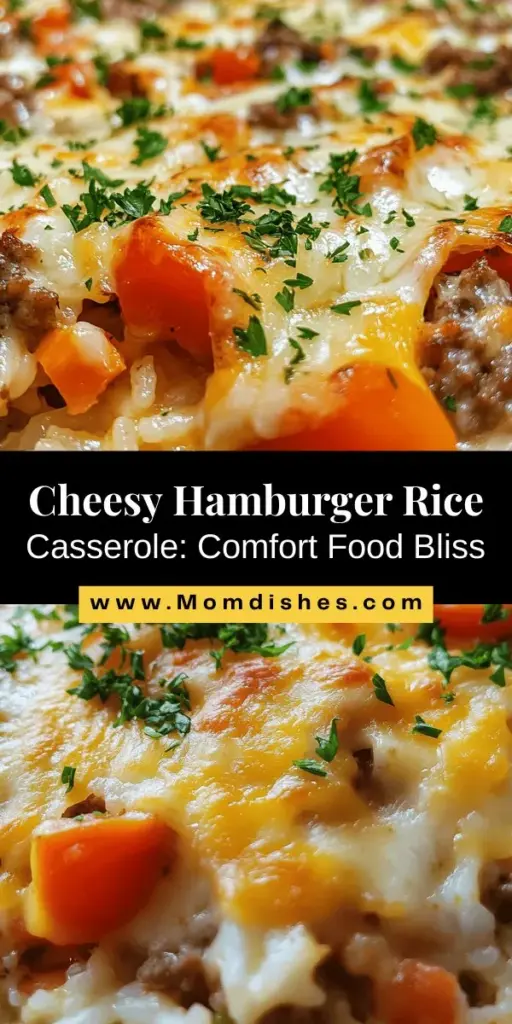 Try this Savory Cheesy Hamburger Rice Casserole for a delicious and comforting family meal! With seasoned ground beef, fluffy rice, and creamy cheese baked to perfection, it brings warmth to your dinner table. Perfect for busy weeknights, this one-dish wonder is easy to prepare and feeds a crowd. Customize it with your favorite veggies for added nutrition! Get ready for a satisfying meal that everyone will love. #Casserole #ComfortFood #CheesyGoodness #FamilyDinner #EasyRecipes