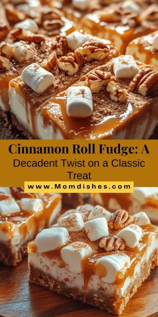 Discover the delightful world of Cinnamon Roll Fudge, a sweet treat that beautifully combines the comforting flavors of cinnamon rolls with creamy fudge. This easy recipe features white chocolate, ground cinnamon, mini marshmallows, and a drizzle of caramel for that extra indulgence. Perfect for parties or a cozy treat, this fudge is a visual and flavorful delight. Try making it today! #CinnamonRollFudge #DessertRecipes #SweetTreats #FudgeRecipe #Baking #ChocolateLovers #HomemadeGoodness