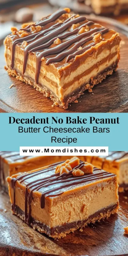 Discover the ultimate indulgence with No Bake Peanut Butter Cheesecake Bars that are easy to make and impossible to resist. This delightful dessert features a creamy peanut butter filling atop a crunchy graham cracker crust, finished with a luscious chocolate drizzle. Perfect for any occasion, these bars can be prepared in advance and stored in the fridge, allowing you to spend more time with loved ones. Enjoy a sweet treat without the hassle of baking!