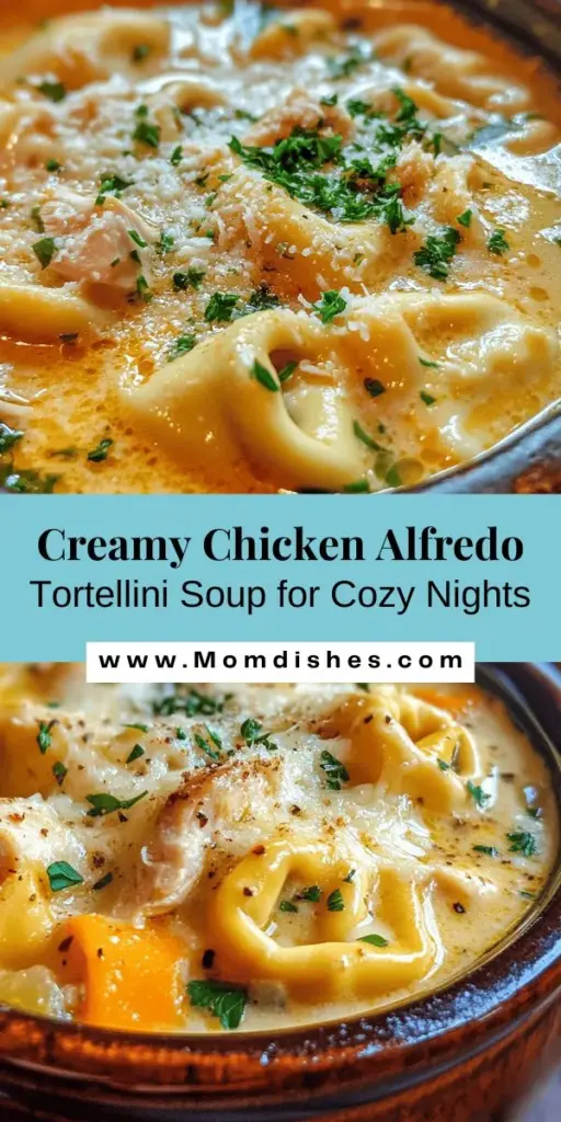 Warm up your kitchen with the delightful Creamy Chicken Alfredo Tortellini Soup! This comforting dish combines tender chicken, cheesy tortellini, and a rich Alfredo base for a bowl of pure happiness. Perfect for busy weeknights or cozy evenings, this easy 30-minute recipe offers both flavor and convenience. Serve with crusty bread for the ultimate meal! #ChickenAlfredo #SoupRecipe #ComfortFood #Tortellini #EasyRecipe #CookingAtHome #Foodie