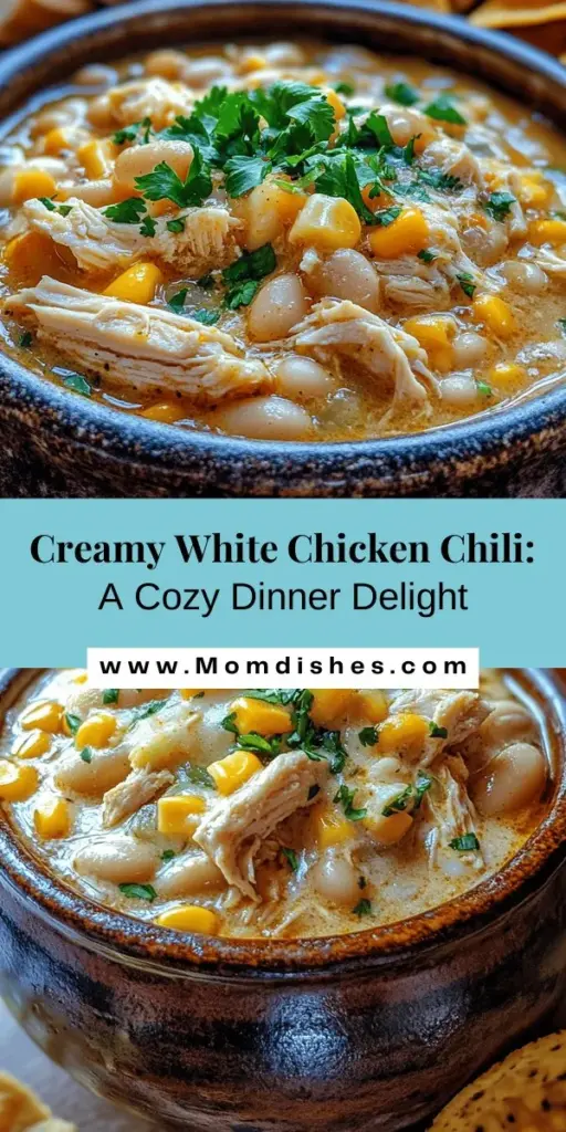 Discover the warmth and comfort of Creamy White Chicken Chili Delight, a flavorful twist on traditional chili that's perfect for cozy nights or gatherings. This easy recipe features tender chicken, creamy broth, and nutritious beans, making it satisfying without being heavy. Customize to your taste with spices and veggies for a family-friendly dish everyone will love. Perfect for any occasion, it's a delicious way to bring people together. #ChickenChili #ComfortFood #HealthyEating #ChiliRecipe #CozyMeals #FamilyDinner #Foodie