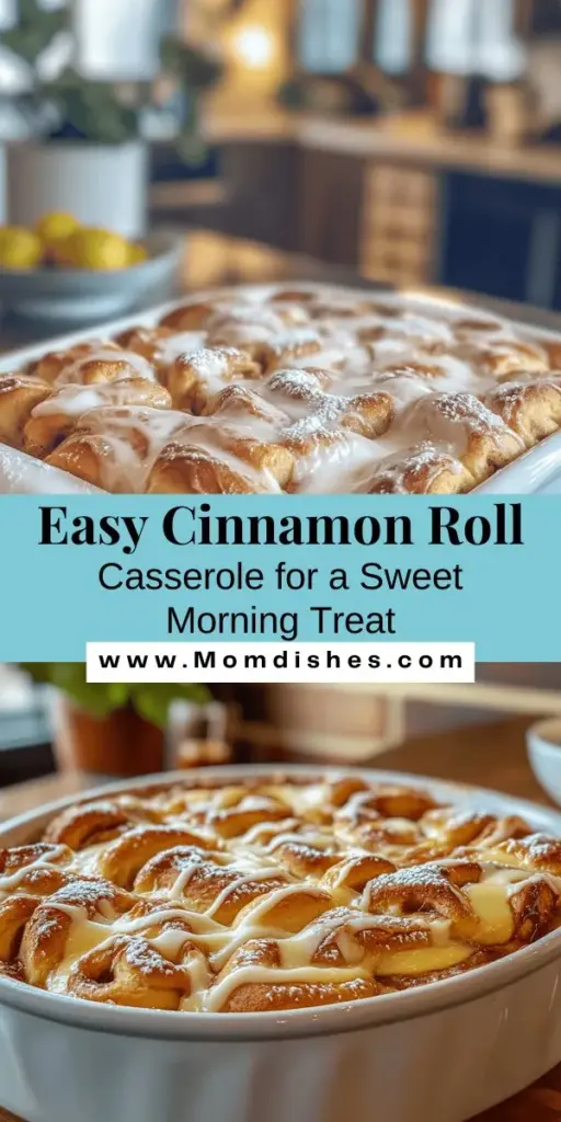 Start your day with a warm, gooey Sweet Morning Delight: Easy Cinnamon Roll Casserole! This crowd-pleasing breakfast dish captures the beloved flavors of cinnamon rolls while making preparation a breeze. Perfect for brunch gatherings or special occasions, this casserole is layered with refrigerated cinnamon roll dough, eggs, milk, and maple syrup for a mouthwatering treat. Simple to serve and irresistibly delicious—your family will love it! #CinnamonRollCasserole #BreakfastRecipes #BrunchIdeas #ComfortFood