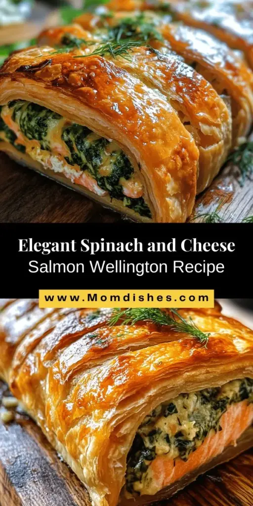 Elevate your dining experience with this Spinach and Cheese Stuffed Salmon Wellington! This delightful dish combines flaky puff pastry with succulent salmon and a creamy spinach filling for a flavor-packed meal that impresses at any gathering. It's nutritious, heart-healthy, and perfect for both special occasions and weeknight dinners. Discover how easy it is to create this elegant masterpiece at home! #SalmonWellington #HealthyEating #DinnerIdeas #RecipeInspiration #GourmetCooking #HomemadeDelight