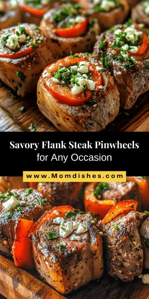 Delight your taste buds with savory flank steak pinwheels, perfect for any occasion! This dish combines flavorful fillings like fresh spinach, red bell pepper, and feta cheese wrapped in juicy flank steak. Easy to prepare, these pinwheels make a stunning appetizer or main course at gatherings. Enjoy the rich flavors and vibrant presentation that will impress every guest. Try this recipe for your next meal! #FlankSteak #Pinwheels #EasyRecipes #BeefLovers #CookingIdeas #HealthyDinner #ImpressiveAppetizers