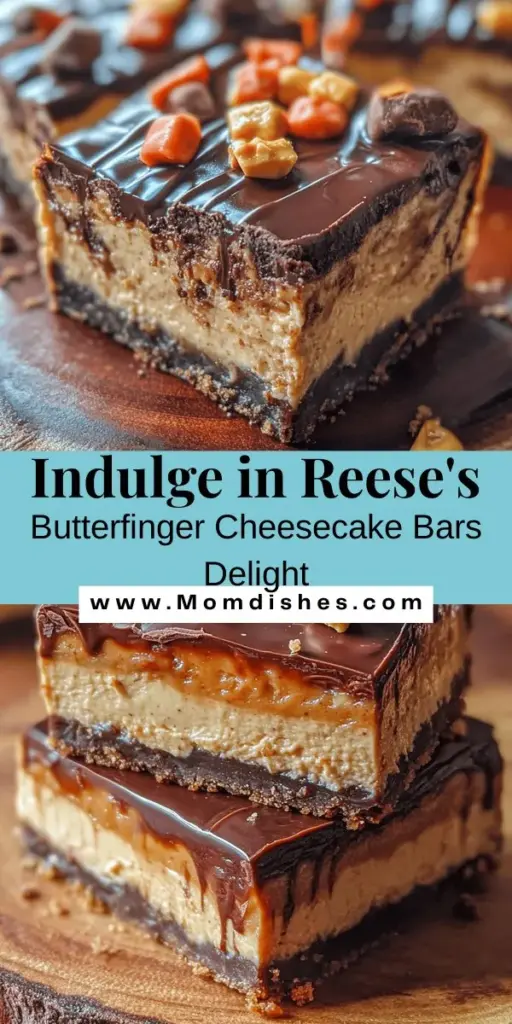 Indulge in the heavenly taste of Reese's Butterfinger Cheesecake Bars! This scrumptious dessert features a creamy peanut butter filling, crunchy Butterfinger pieces, and a buttery graham cracker crust, making it perfect for any occasion. Top it off with Reese's Peanut Butter Cups and a drizzle of chocolate ganache for an extra delight. Follow our step-by-step guide to create this irresistible treat that's sure to impress! #CheesecakeBars #DessertLovers #BakingJoy #Reeses #Butterfinger #SweetTreats