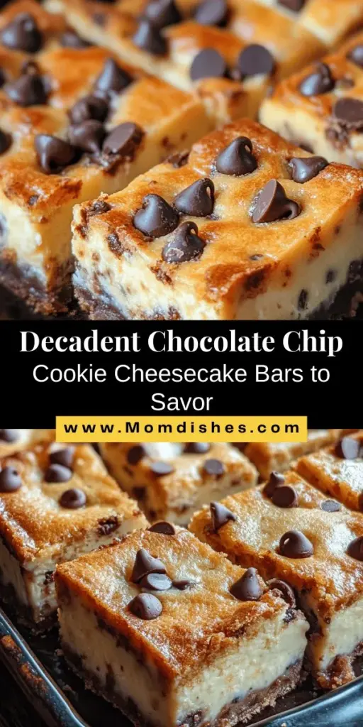 Indulge in the ultimate dessert experience with these delectable Chocolate Chip Cookie Cheesecake Bars! Perfectly blending a chewy cookie base with a rich, creamy cheesecake layer, these bars are a crowd-pleaser for any occasion. Easy to make and versatile—perfect for celebrations or a cozy night in. Follow our simple recipe for a sweet treat that will leave everyone craving more. Delicious desserts await! #ChocolateChipCookies #CheesecakeBars #BakingRecipes #DessertLovers #HomemadeTreats #SweetTooth