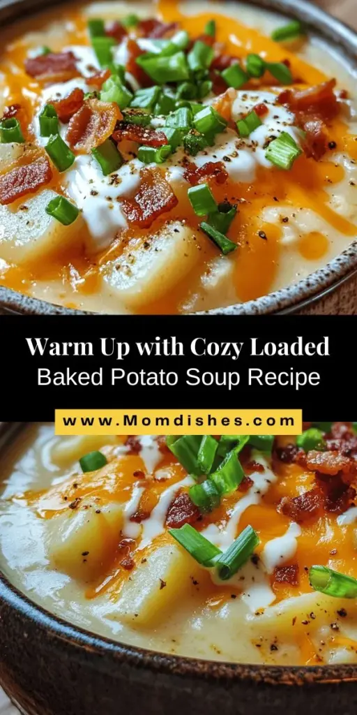 Warm up with a bowl of cozy loaded baked potato soup, the ultimate comfort food for chilly days and family gatherings. This creamy soup is loaded with russet potatoes, savory bacon, sharp cheddar cheese, and aromatic seasonings, creating a deliciously hearty meal. Perfect for customizing with your favorite toppings, this recipe is sure to evoke memories of home. Dive into this heartwarming dish today! #PotatoSoup #ComfortFood #CozyRecipes #WinterWarmers #LoadedBakedPotatoSoup