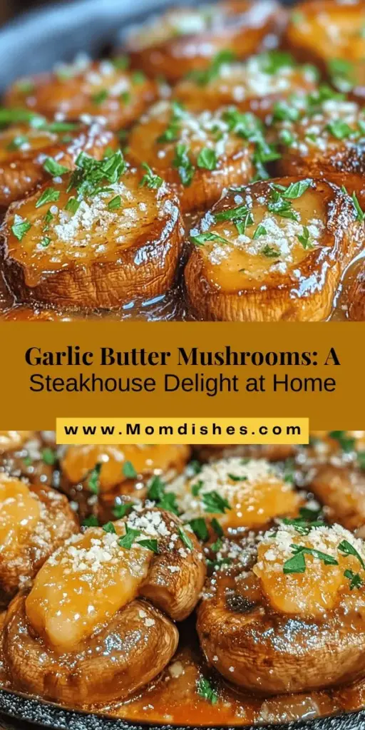 Elevate your dinner with these Mouthwatering Steakhouse Garlic Butter Mushrooms! This delicious recipe features tender mushrooms sautéed in rich garlic butter, perfect as a side dish or appetizer. Packed with flavor and easy to make, they're sure to impress at any gathering. Pair them with steak, over garlic bread, or toss them in salads for a delightful twist. Enjoy the low-calorie, nutrient-rich benefits of mushrooms in every bite! #GarlicButterMushrooms #SideDish #Steakhouse #ComfortFood #EasyRecipes #HealthyEating #MushroomLovers #DeliciousDishes