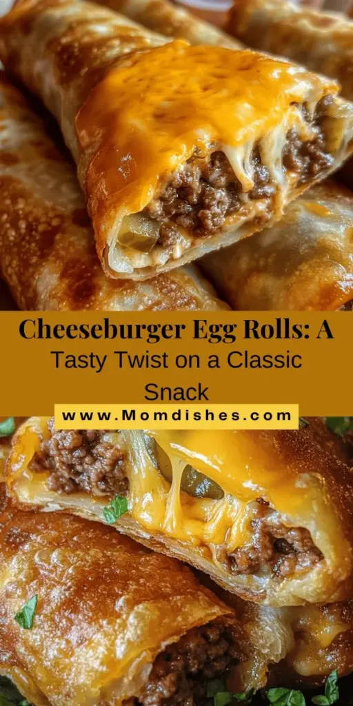 Discover the irresistible taste of cheeseburger egg rolls, a delicious fusion of classic American flavors in a crispy wrapper. Ideal for parties, game days, or family dinners, these bite-sized treats combine savory ground beef, gooey cheddar, and tangy pickles. Easy to prepare, they’re perfect for cooks of all skill levels. Ready to impress your guests? Try this fun twist on comfort food! #CheeseburgerEggRolls #FusionCuisine #Appetizers #Foodie #DeliciousBites