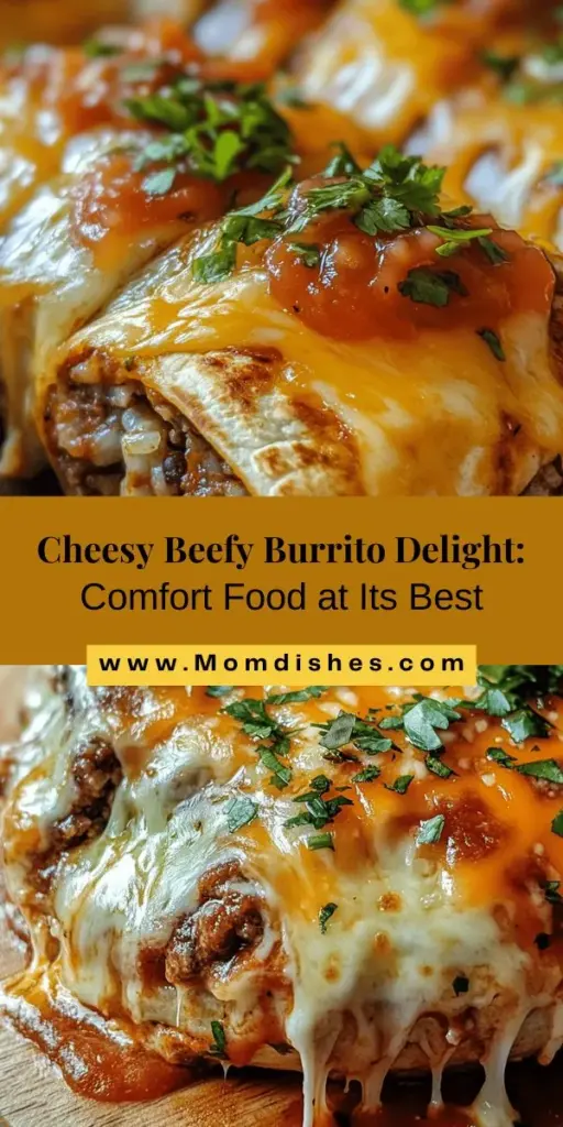 Satisfy your cravings with the Cheesy Beefy Burrito Delight, a comforting dish packed with bold flavors! This recipe features savory ground beef, aromatic spices, and ooey-gooey cheddar cheese all wrapped in a warm tortilla. Perfect for family dinners or casual gatherings, these burritos can be customized with your favorite toppings. Learn how to create this delicious classic today and bring joy to your table! #Burrito #ComfortFood #Recipe #Foodie #CheesyGoodness #BeefBurrito #DinnerIdeas