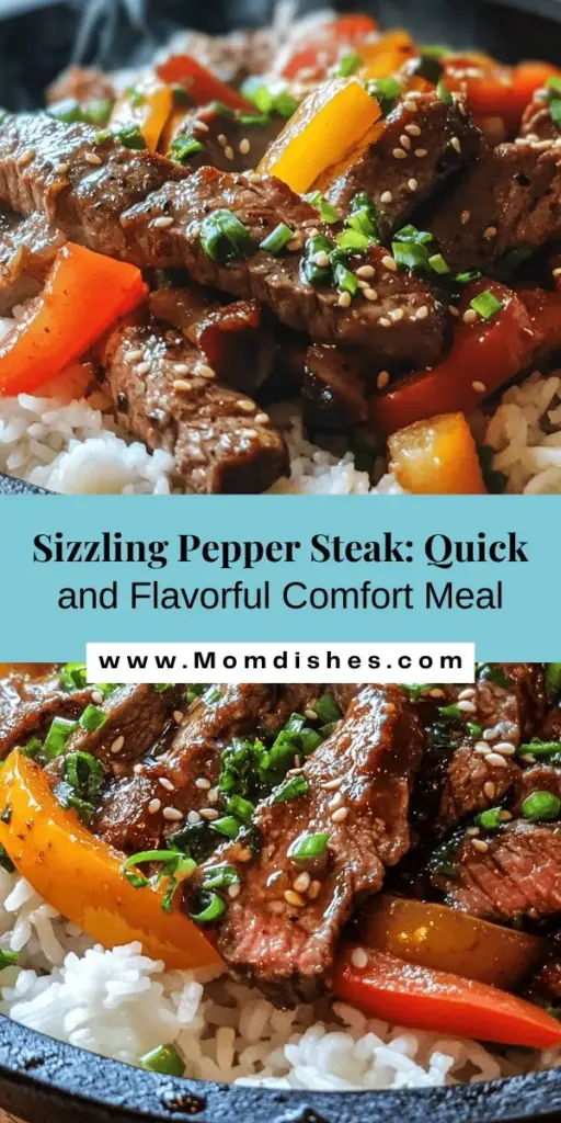 Experience the vibrant flavors of Sizzling Pepper Steak Delight, a dish that combines tender flank steak, colorful bell peppers, and aromatic garlic and ginger. Perfect for busy weeknights, this quick and satisfying meal is a comforting taste of home. Marinated in umami-rich soy and oyster sauce, it delivers bold flavors in every bite. Serve it over rice for a complete meal your family will love! #PepperSteak #QuickMeals #ComfortFood #EasyCooking #HomeCookedDelight