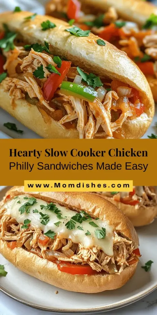 Looking for an easy and delicious meal? Try Slow Cooker Chicken Philly Sandwiches! Juicy, tender chicken slow-cooked with vibrant bell peppers, savory onions, and melted provolone cheese, all served on hearty hoagie rolls. Perfect for busy weeknights or gatherings, this comfort dish is sure to impress. Enjoy a burst of flavor with every bite as you savor this classic twist on a Philly favorite. #SlowCookerRecipes #ChickenPhillySandwiches #ComfortFood #EasyDinner #MealPrep #FamilyDinner