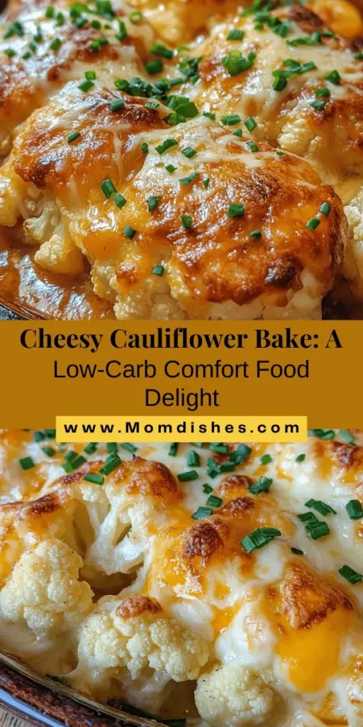 Indulge in the warmth of comfort food with this Cheesy Cauliflower Bake, a delicious low-carb dish perfect for any meal. Made with tender cauliflower, sharp cheddar, creamy mozzarella, and topped with savory parmesan, this bake is a nutritional powerhouse. Easy to prepare and customizable, it’s sure to impress everyone at your table. Discover the rich flavors and satisfying textures in every bite! #CheesyCauliflowerBake #LowCarb #ComfortFood #HealthyEating #CauliflowerRecipe