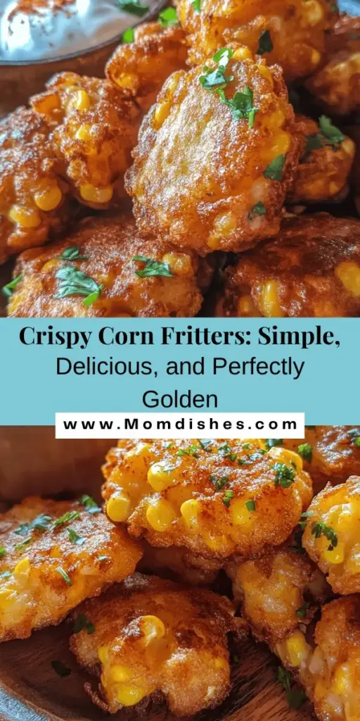 Indulge in the crispy goodness of corn fritters! These easy-to-make treats are perfect as appetizers, side dishes, or light meals, featuring sweet, tender corn in a golden, crunchy exterior. With fresh ingredients, customizable flavors, and effortless preparation, they’re sure to impress your family and friends. Try them with dipping sauces or creative sides for a delightful culinary experience! #CornFritters #CrispyTreats #EasyRecipes #ComfortFood #SnackIdeas #CookingAtHome