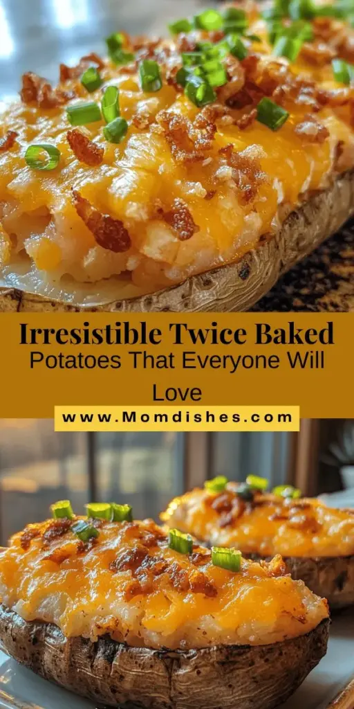 Indulge in the comforting goodness of Twice Baked Potatoes Delight! This savory dish features fluffy interiors filled with sharp cheddar cheese and a creamy blend, all topped with a crispy golden crust. Perfect as a side or main course, these customizable potatoes can be tailored to suit any preference. Discover how to elevate this classic recipe into a culinary masterpiece that will impress your family and friends. #TwiceBakedPotatoes #ComfortFood #SavoryDelights #HomeCooking #Foodie #RecipeIdeas