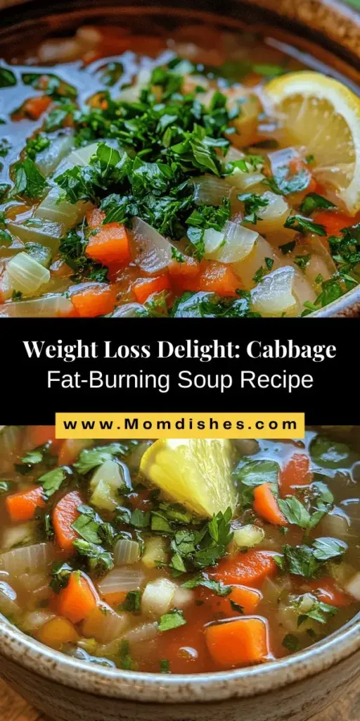 Looking for a delicious and nutritious way to support your weight loss journey? Try this simple Cabbage Fat-Burning Soup recipe! Packed with veggies like cabbage, carrots, and bell peppers, this low-calorie meal is rich in fiber and vitamins. It’s perfect for meal prep or a comforting snack any time. Discover the health benefits, step-by-step instructions, and tips for customization in this engaging recipe. Healthy eating has never been easier! #CabbageSoup #WeightLoss #HealthyRecipes #MealPrep #Nutrition #CleanEating #HealthyLiving #LowCalorie