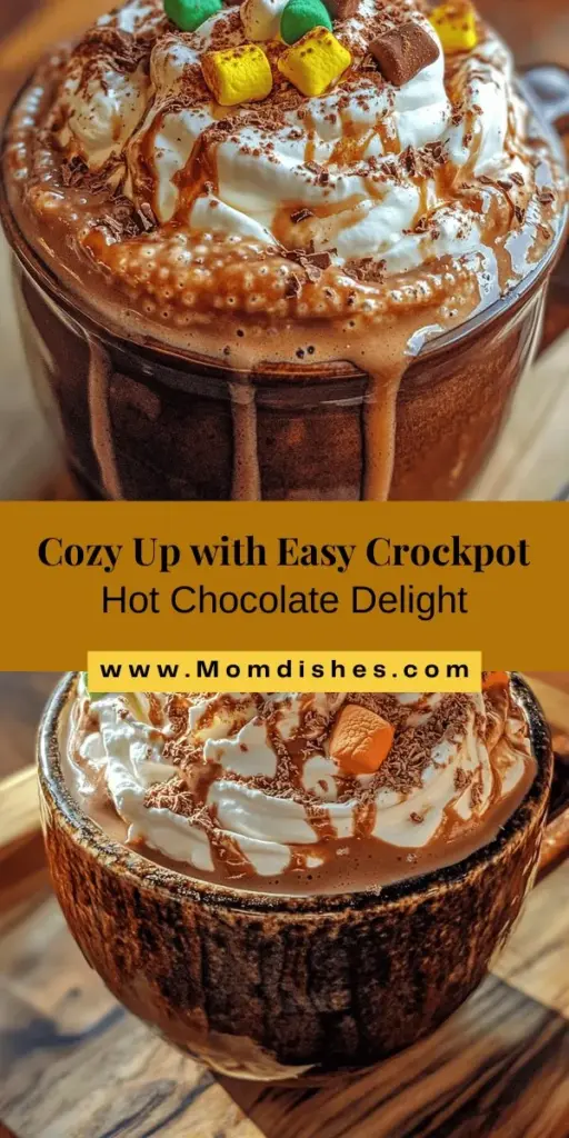 Warm up those chilly nights with a delicious Easy Crockpot Hot Chocolate Delight! This rich and creamy treat combines whole milk, heavy cream, chocolate chips, and cocoa powder for the ultimate cozy drink. Perfect for gatherings or a quiet evening, this hands-off recipe lets you enjoy quality time with friends and family. Don’t forget the whipped cream, marshmallows, and a sprinkle of chocolate shavings to top it off! #HotChocolate #CrockpotRecipes #CozyDrinks #ChocolateLovers #HolidayTreats