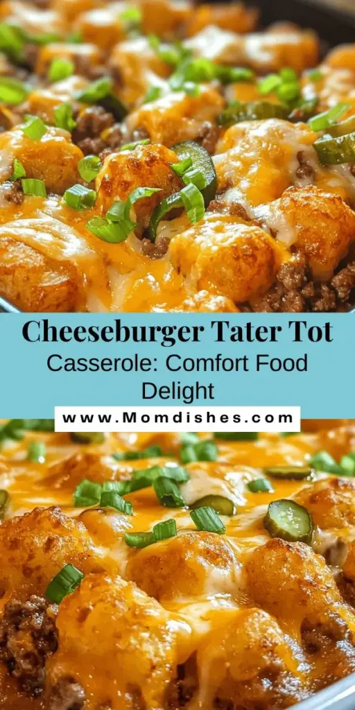 Discover the ultimate comfort food with our Cheeseburger Tater Tot Casserole! This delicious dish combines all your favorite cheeseburger flavors into a hearty casserole, topped with crispy tater tots and melted cheese. Perfect for family dinners, game days, or potlucks, it's easy to customize with your choice of meat or veggies. Bring everyone to the table with this satisfying meal that’s sure to impress! #CheeseburgerCasserole #ComfortFood #EasyRecipes #TaterTots #FamilyDinner