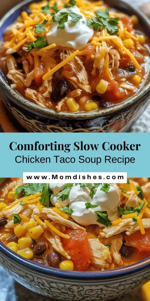 Warm up with a bowl of Hearty Slow Cooker Chicken Taco Soup! This comforting recipe combines tender chicken, black beans, corn, and spices for a deliciously rich meal. Perfect for busy days, it’s a set-it-and-forget-it dish that packs in nutrients. Customize it with your favorite toppings for added flair! Ideal for family dinners or meal prep, it's a versatile, satisfying choice for any occasion. #SlowCooker #ChickenTacoSoup #ComfortFood #MealPrep #HealthyEating #EasyRecipes #TacoTuesday