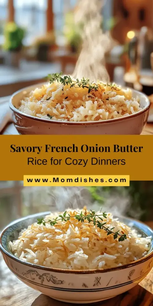 Discover the comforting flavors of French Onion Butter Rice, a delicious twist on classic French onion soup! This dish features rich caramelized onions, creamy Gruyère cheese, and fluffy long-grain rice, creating a satisfying meal perfect for chilly nights or gatherings. Easy to make and incredibly versatile, it's a delightful side or a cozy main. Elevate your dining experience with this comforting recipe! #FrenchOnionRice #ComfortFood #RecipeIdeas #CookingAtHome #YummyRecipes #HomeCooking