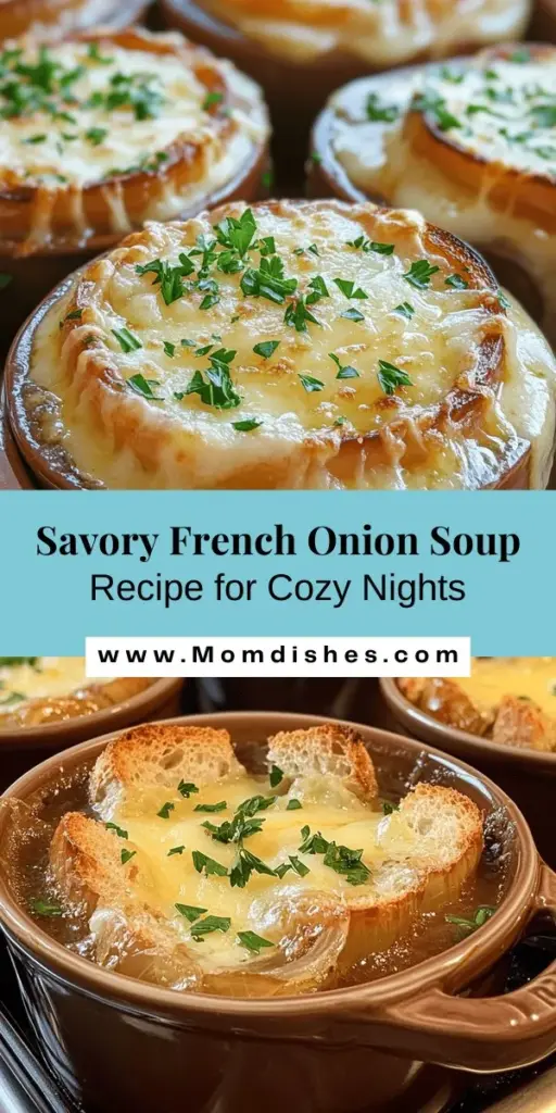 Discover the magic of Savory French Onion Soup, a timeless classic that warms the soul. This comforting dish features slowly caramelized onions simmered in a rich broth, topped with crusty bread and melted cheese. Perfect for cozy nights or impressing guests, it’s easy to make and adaptable for vegetarians. Dive into the rich history, learn about essential ingredients, and follow step-by-step instructions to create your own bowl of delight. #FrenchOnionSoup #ComfortFood #CulinaryClassic #HomemadeGoodness #SoupRecipes