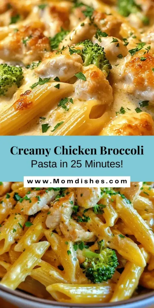 Looking for a quick and delicious meal? Try this Quick & Creamy Chicken Broccoli Pasta recipe! In just 25 minutes, you can enjoy a satisfying blend of tender chicken, fresh broccoli, and creamy sauce over your choice of pasta. Perfect for busy weeknights, this dish combines flavor and nutrition effortlessly. Customize it to fit your dietary needs and delight your family with this comforting home-cooked meal! #ChickenPasta #QuickRecipes #HealthyEating #ComfortFood #DinnerIdeas