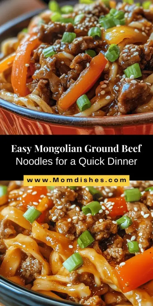 Looking for a quick and delicious meal? Try this Mongolian Ground Beef Noodles recipe! Rich in flavor and packed with fresh vegetables, this comforting dish can be made in under 30 minutes. With savory ground beef, a perfect blend of sauces, and your choice of noodles, it's a weeknight winner. Don’t forget to customize it with your favorite veggies or spice levels! A must-try for busy food lovers! #MongolianNoodles #ComfortFood #QuickRecipes #WeeknightDinner #BeefNoodles #FamilyDinner