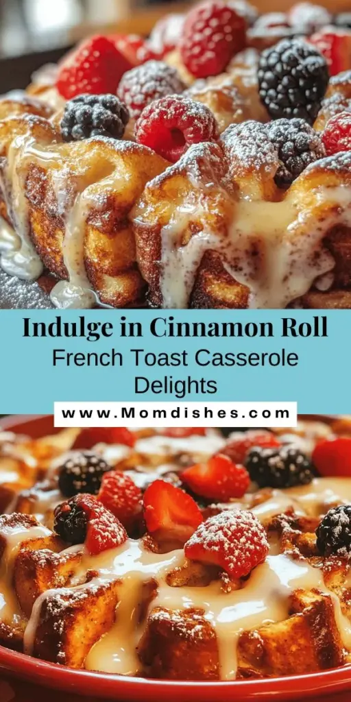 Indulge in the ultimate breakfast treat with this Cinnamon Roll French Toast Casserole! Combining the fluffy goodness of cinnamon rolls with a rich custard, this dish is perfect for feeding a crowd during brunch or special occasions. Prepare it ahead of time and enjoy the sweet aroma wafting through your home. Top with fresh berries and a drizzle of maple syrup for an unforgettable treat. Your mornings will never be the same! #CinnamonRoll #FrenchToast #BreakfastCasserole #BrunchIdeas #YummyRecipes #EasyCooking #Foodie