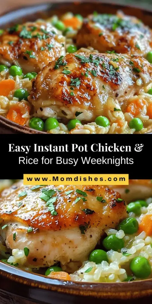 Discover the convenience and flavor of Instant Pot Chicken & Rice, your new one-pot wonder! This effortless recipe combines tender chicken thighs, fluffy rice, and vibrant veggies, making it perfect for busy weeknights. With minimal cleanup and maximum taste, it's the ideal comfort meal for families. Try it today and customize it to fit your dietary needs. Cooking has never been this easy and delicious! #InstantPot #OnePotMeal #ChickenAndRice #FamilyDinners #QuickRecipes #MealPrep